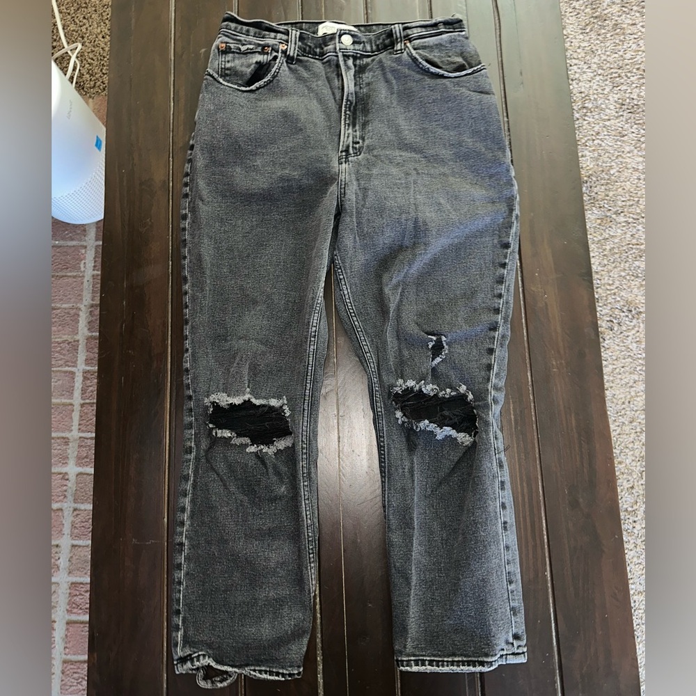 Abercrombie & Fitch Curve Love Black Distressed Ankle Straight Jeans
